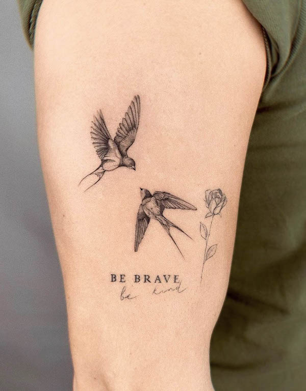 Be brave swallow arm tattoo by @kathrin.ink