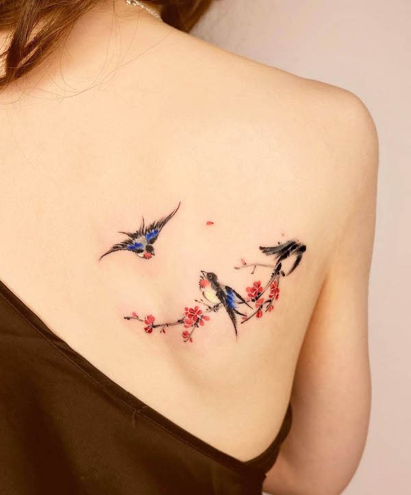 Delicate oriental swallow tattoo on the back by @aram_oriental