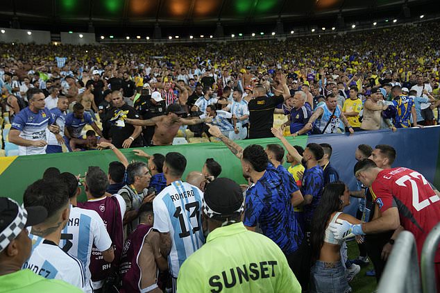 Argentina players tried to calm down the situation in the stands (Silvia Izquierdo/AP)