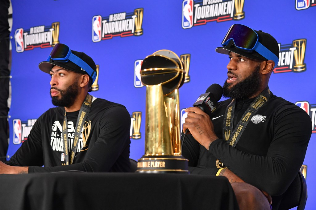 Anthony Davis and LeBron James speak following the Lakers' In-Season Tournament win on Dec. 9, 2023.