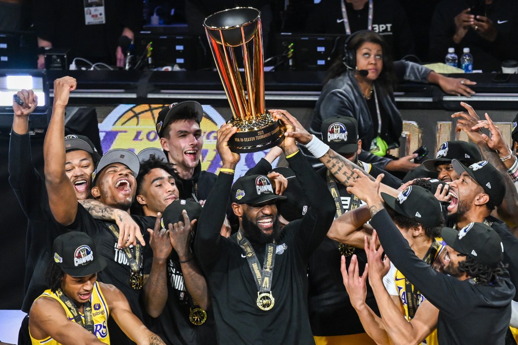 The Lakers celebrate their In-Season Tournament win over the Pacers in Las Vegas on Dec. 9, 2023.