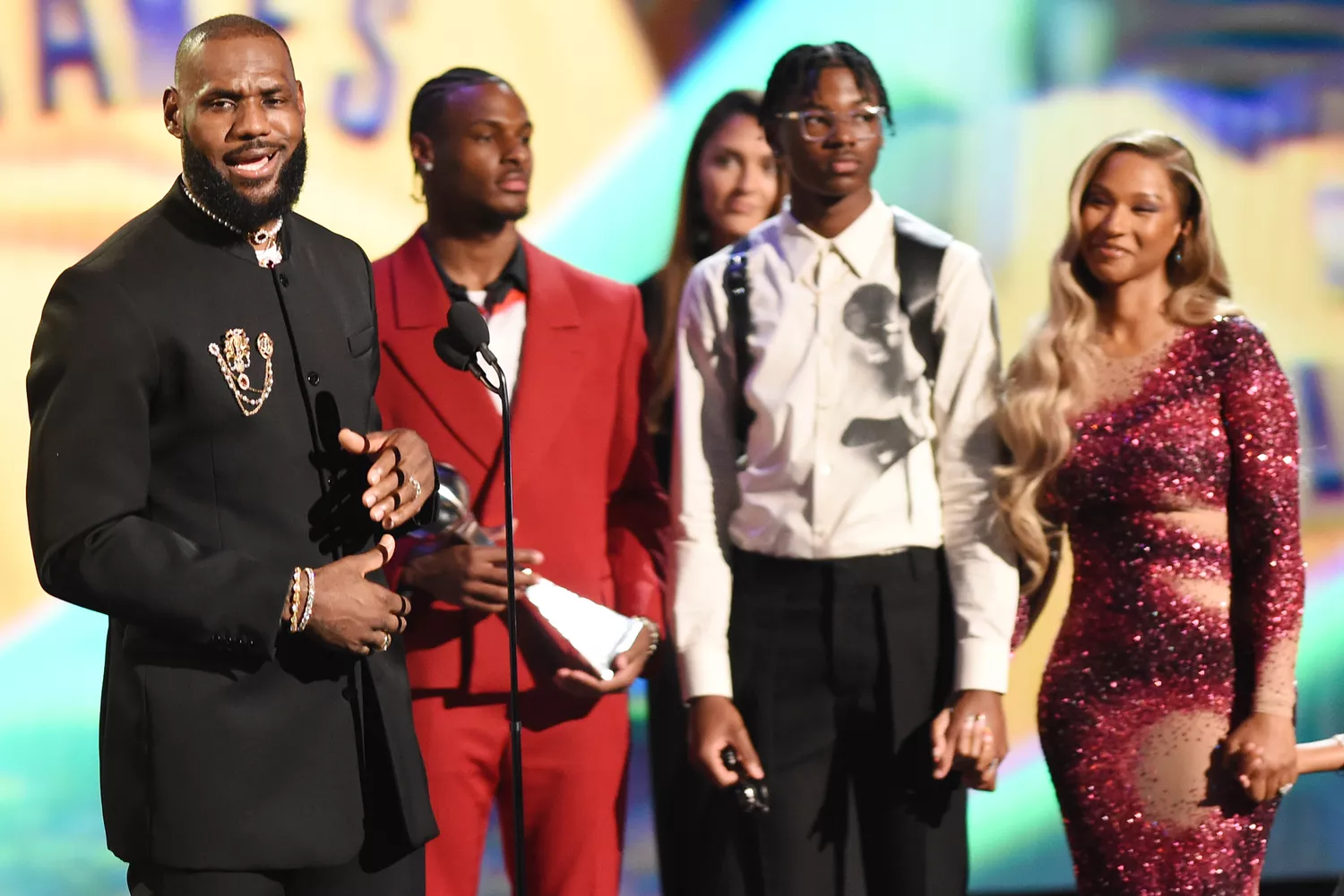 LeBron James (L) onstage at The 2023 ESPYS