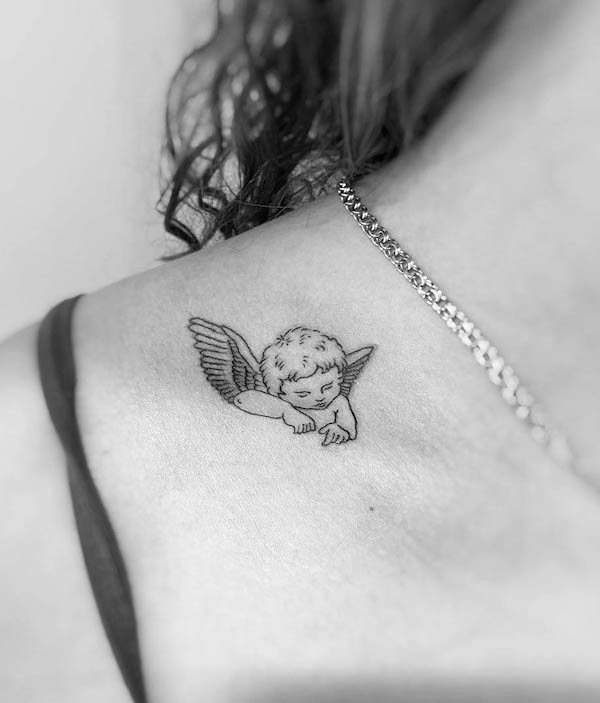 Cute baby angel collarbone tattoo by @annija.tattoo