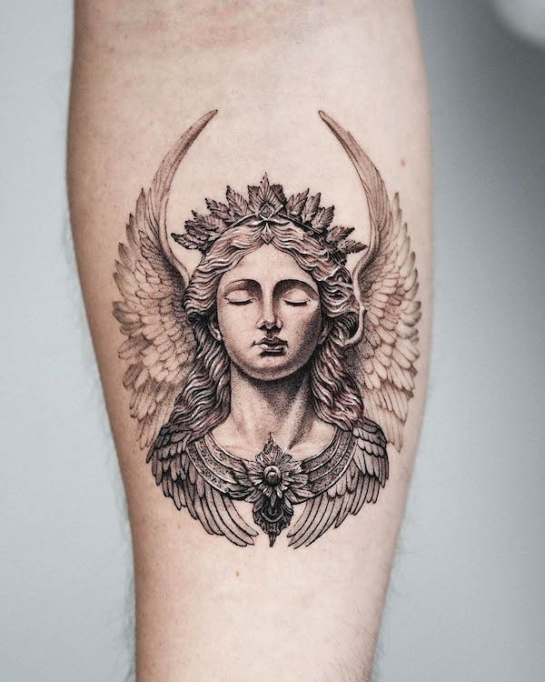 Detailed angel forearm tattoo by @tattooer_amu