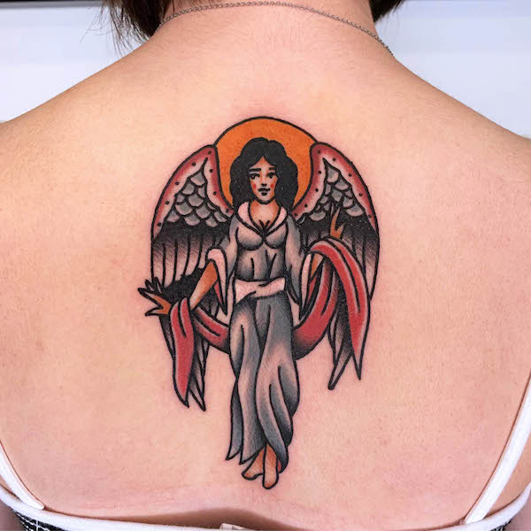 Traditional angel back tattoo by @kenny_tattooer