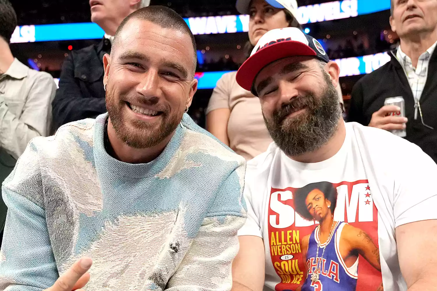 Travis Kelce and Jason Kelce attend a game before the game against the Boston Celtics against the Philadelphia 76ers during Game 6 of the 2023 NBA Playoffs Eastern Conference semi-finals on May 11, 2023 at the Wells Fargo Center in Philadelphia, Pennsylvania