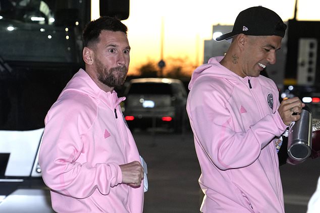 Inter Miami forward Lionel Messi, left, and forward Luis Suarez, right, arrive for the team's MLS soccer match against Real Salt Lake, Wednesday, Feb. 21, 2024, in Fort Lauderdale, Fla. (AP Photo/Lynne Sladky)