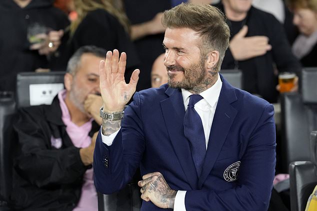 Inter Miami co-owner David Beckham waves before an MLS soccer match between Inter Miami and Real Salt Lake, Wednesday, Feb. 21, 2024, in Fort Lauderdale, Fla. (AP Photo/Lynne Sladky)