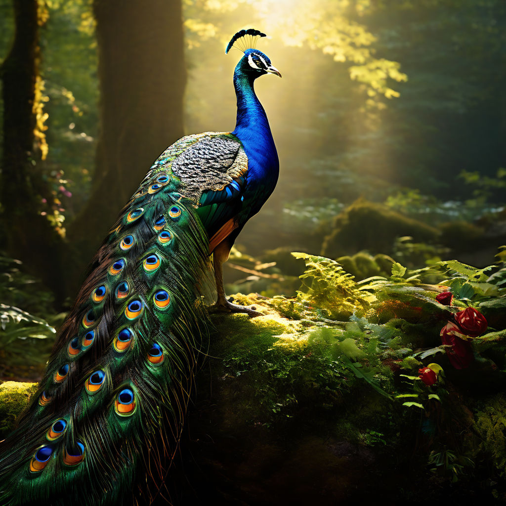 Create an image of a magnificent peacock displaying its feathers in all  their glory. The bird should be perched on a tree branch surrounded by lush  green foliage. Use rich" - Playground