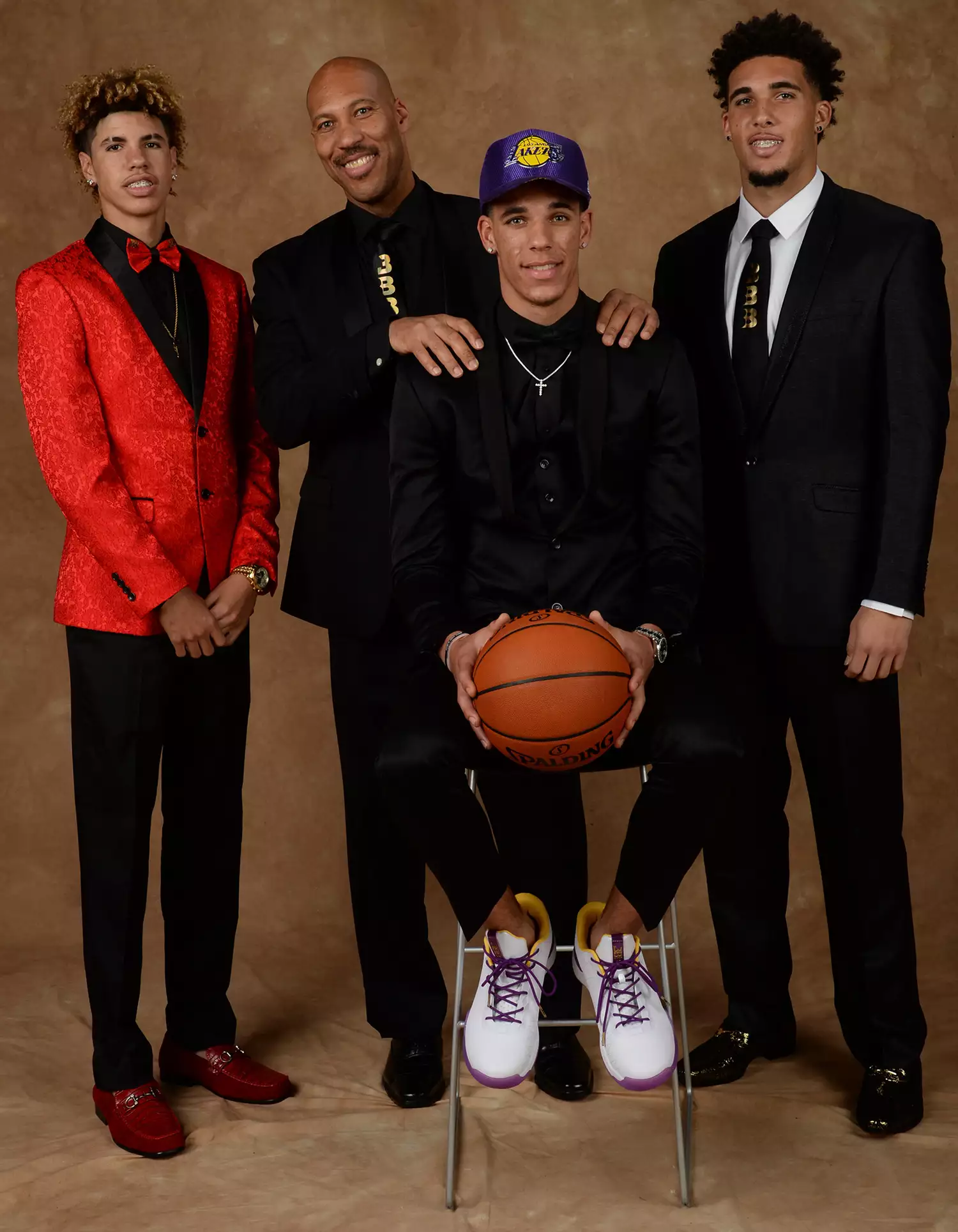 LaVar Ball, LaMelo Ball and LiAngelo Ball pose for a portrait with Lonzo Ball after being drafted number two overall to the Los Angeles Lakers during the 2017 NBA Draft on June 22, 2017.