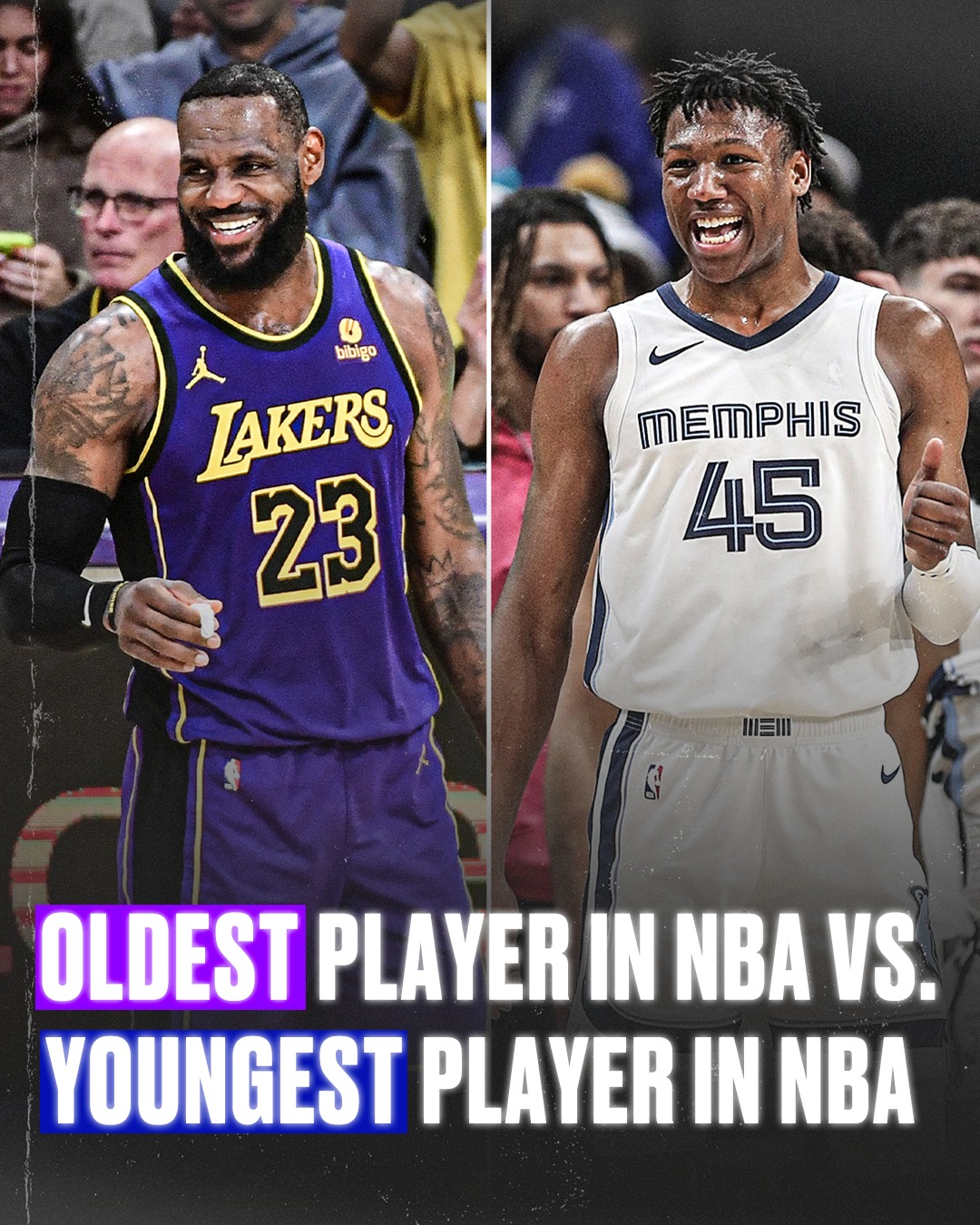 May be an image of ‎2 people, people playing basketball, basketball jersey and ‎text that says "‎RAGSOH سty bibigo LAKERS 23 MEMPHIS 45 OLDEST PLAYER IN NBA VS. YOUNGEST PLAYER IN NBA‎"‎‎