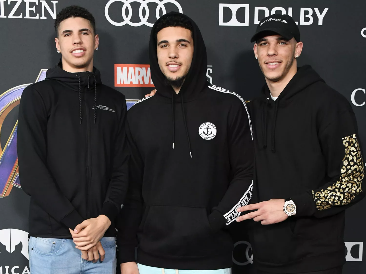 LaMelo Ball, Liangelo Ball and Lonzo Ball attend the World Premiere Of Walt Disney Studios Motion Pictures "Avengers: Endgame"