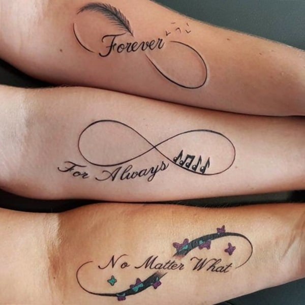 3 TOP 3 Tatuajes para Madres Hijos y Familia infinitos en cada antebrazo con las frases Forever For Always No Matter What para siempre para siempre no importa que