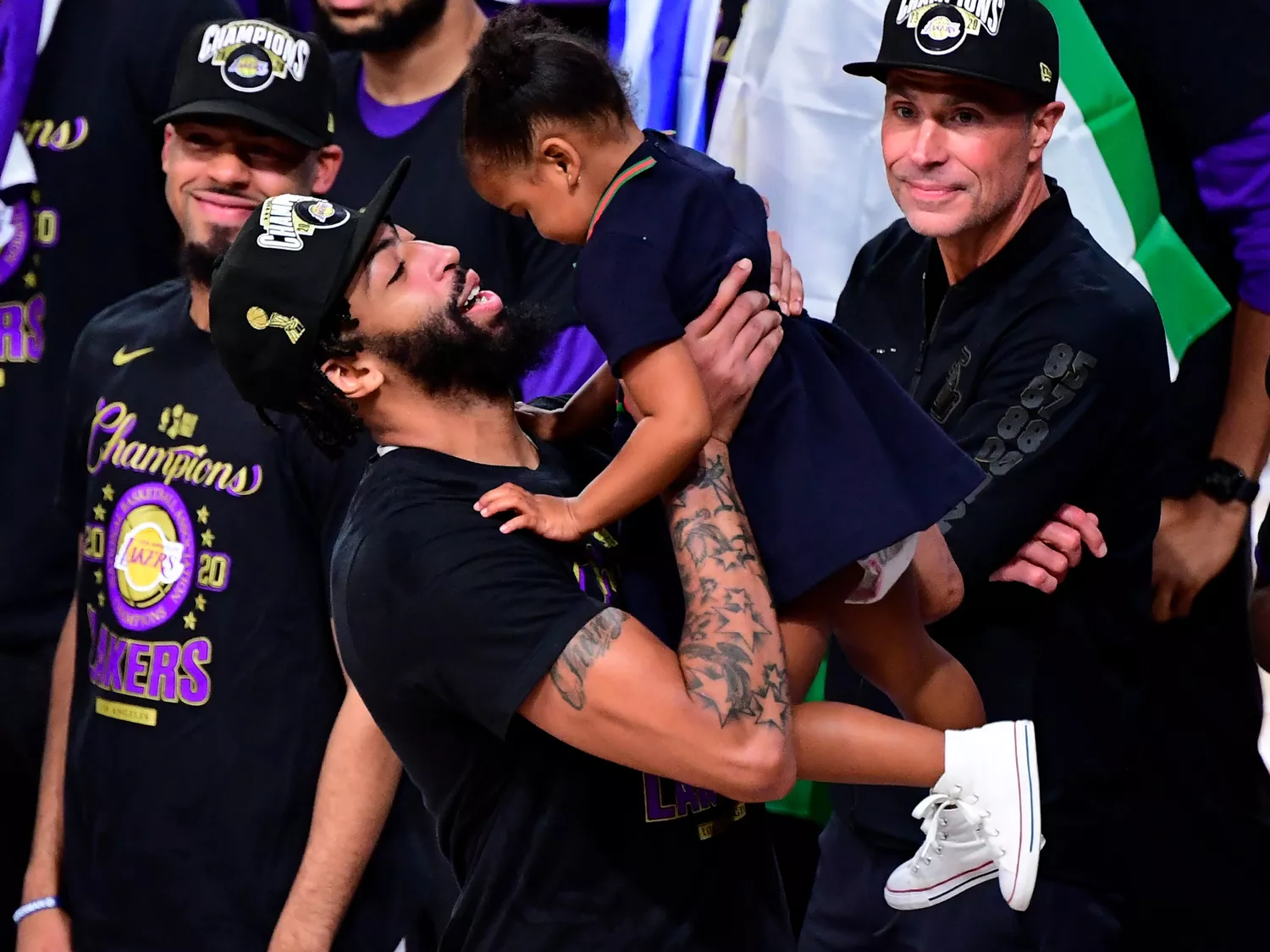 Anthony Davis with his daughter Nala after winning the 2020 NBA Championship over the Miami Heat in Game Six of the 2020 NBA Finals on October 11, 2020 in Lake Buena Vista, Florida.