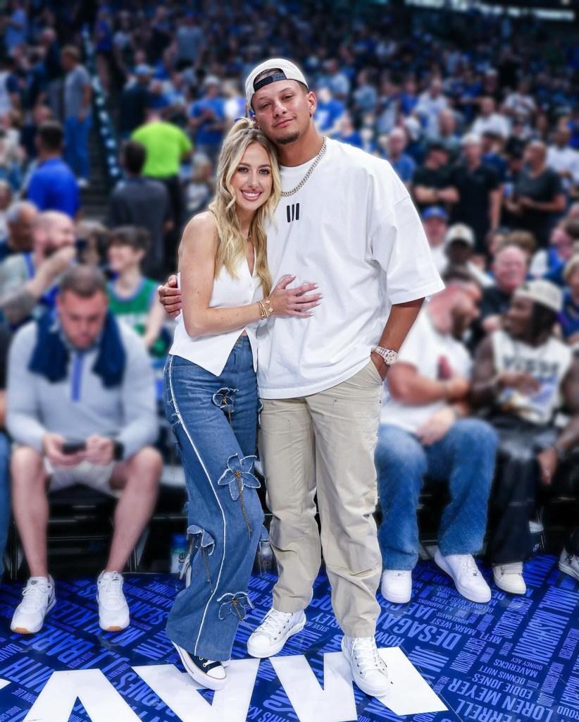 Brittany Mahomes wears floral embellished jeans to the NBA playoffs