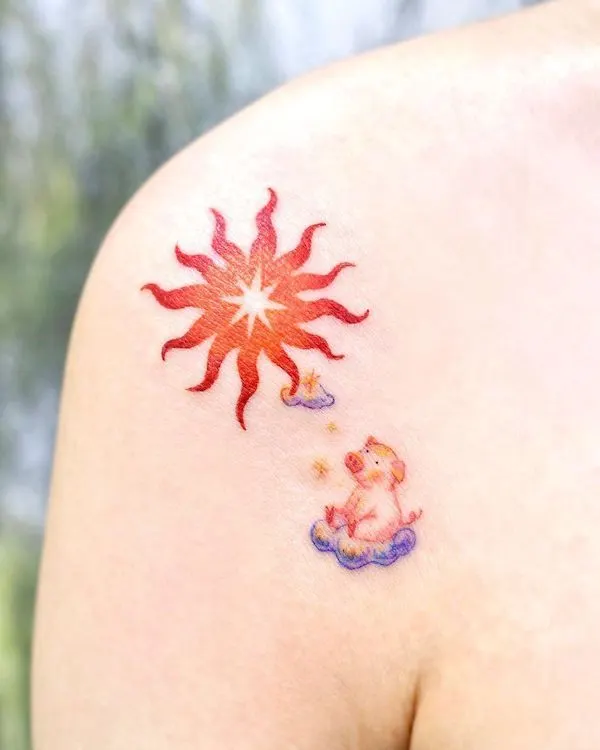 Sun and small pig shoulder tattoo by @second.pin_