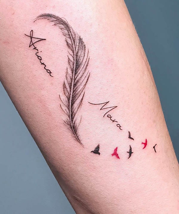 Name and infinity feather tattoo by @_nono_tattoo