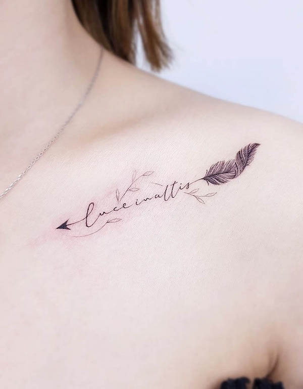 Name and arrow feather tattoo by @boni_tattooer