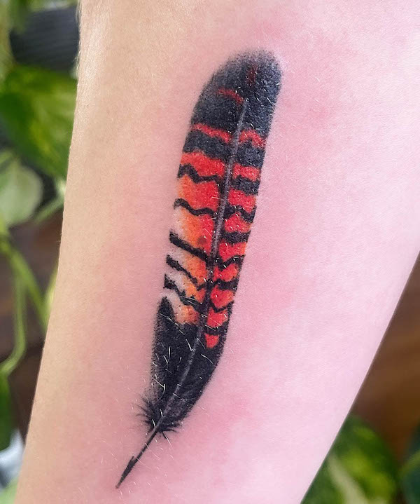 Black and red feather tattoo by @aimy.art