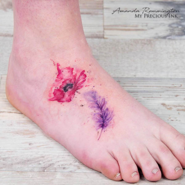 Watercolor poppy and feather tattoo by @amanda.mypreciousink
