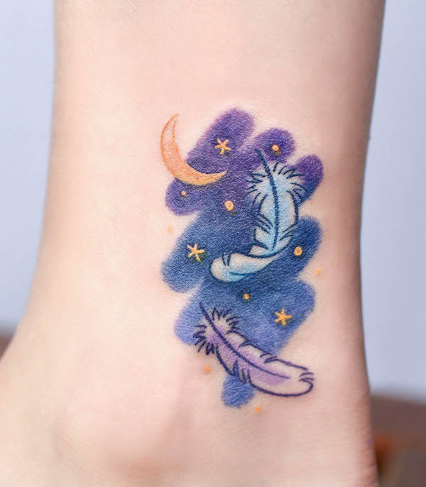 Cute feather ankle tattoo by @minari_tattoo