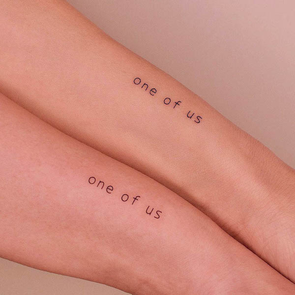 Matching fine line quote tattoos by @tattooer_jina