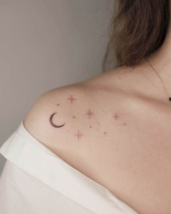 Moon and stars shoulder tattoo by @roma.ink