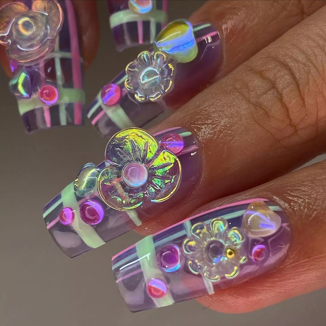 Iridescent Sheer 3D Flower Nails