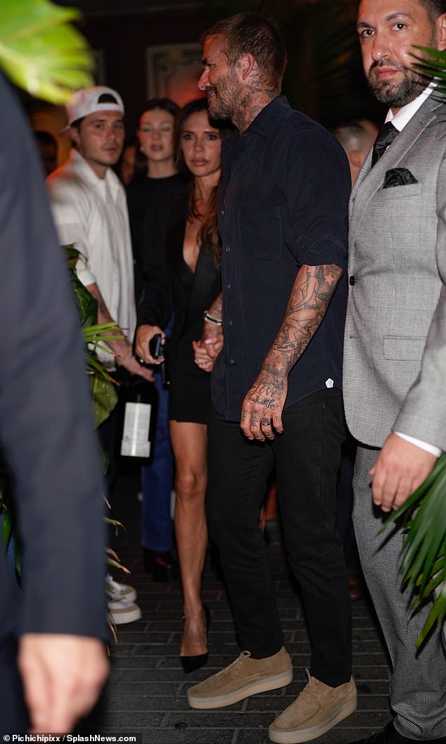 Victoria and David Beckham make first public appearance after Rebecca Loos spoke out about 'affair': Spice Girl wows in a plunging mini dress as they join Lionel Messi and wife Antonela Roccuzzo for dinner in Miami