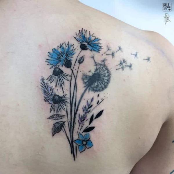 Cornflower and dandelion tattoo