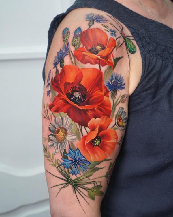 Cornflower daisy and poppy tattoo