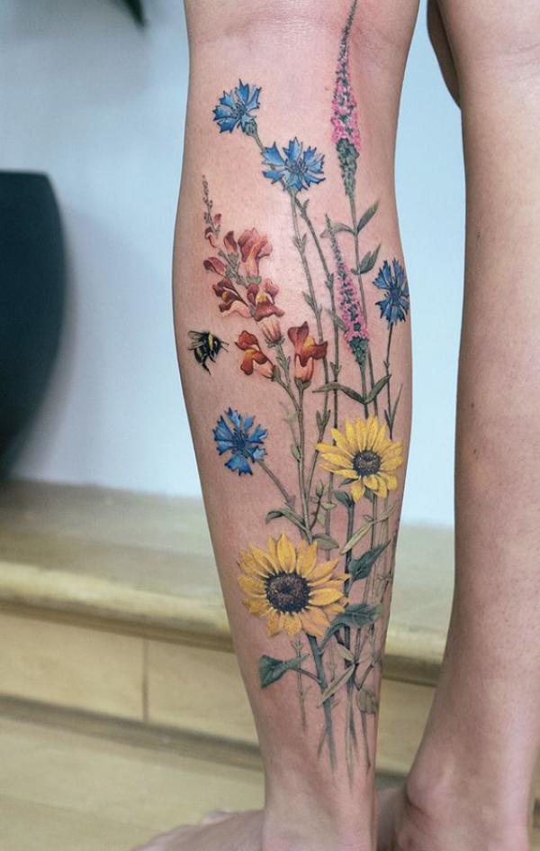 Cornflower snapdragon sunflower tattoo