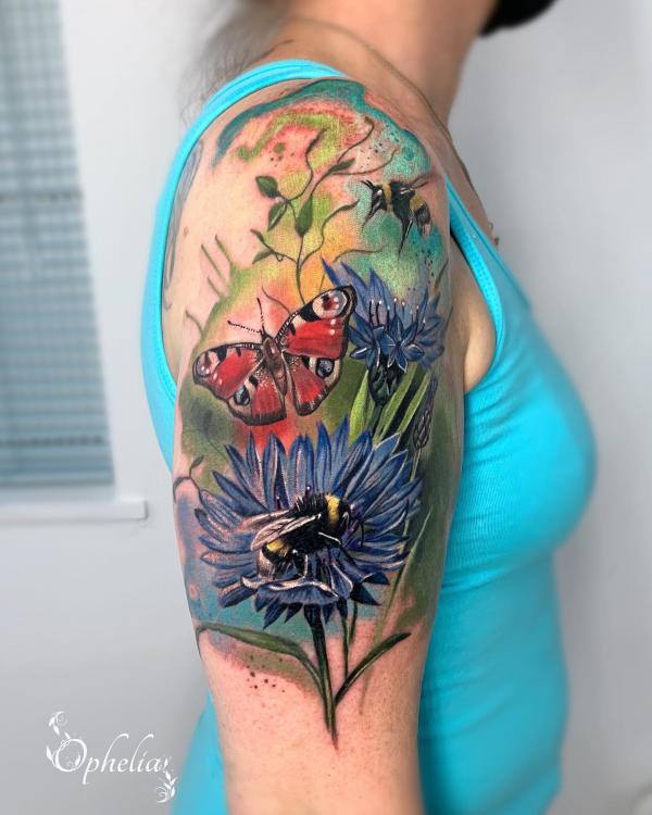 Cornflower with bee and moth tattoo