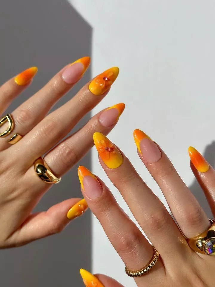 Orange Aura 3D Flower Nails