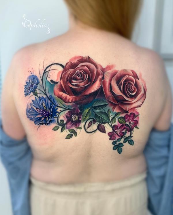 Roses with cornflower back tattoo