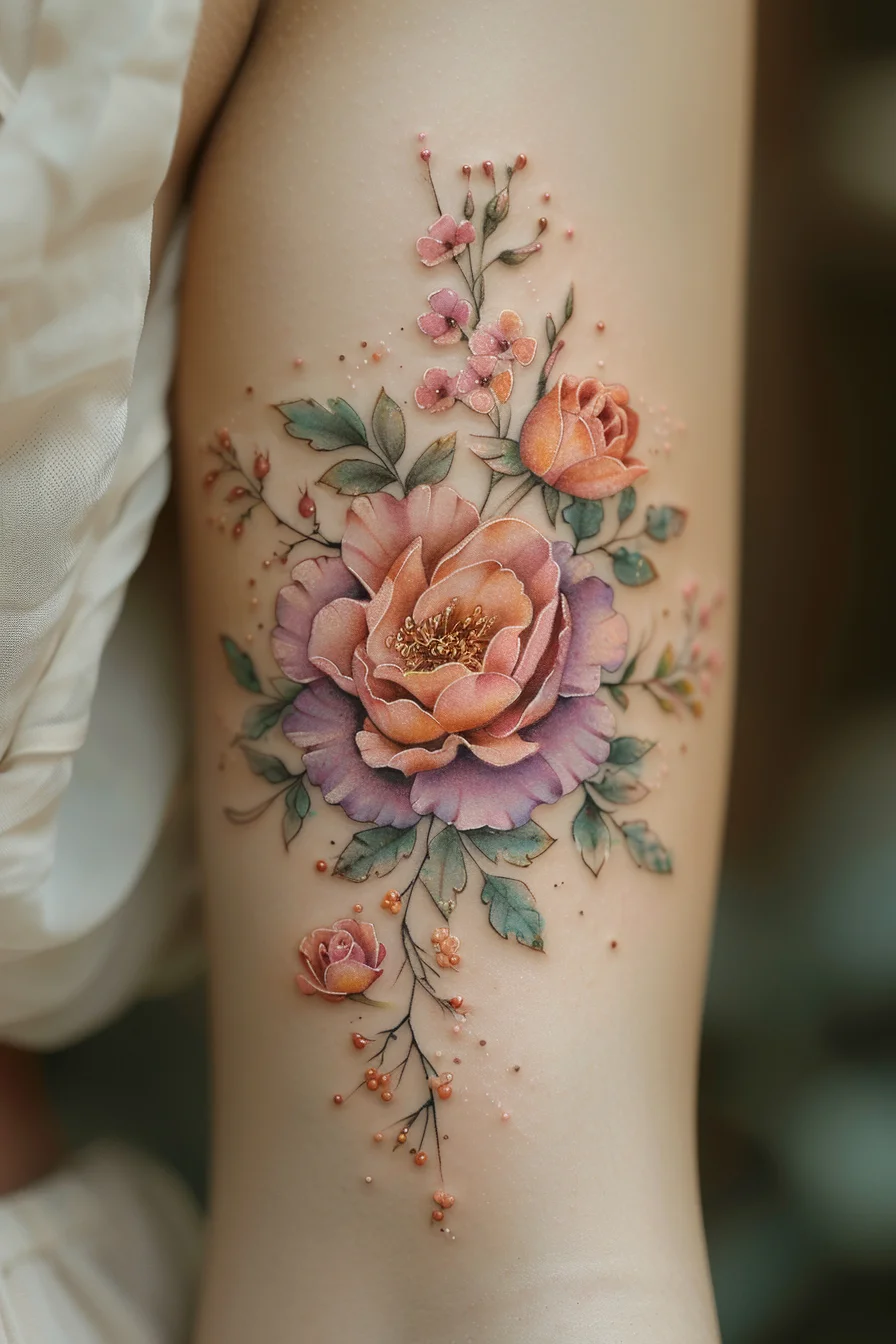 A delicate peony surrounded by smaller blooms and leaves creates a romantic and feminine design. The soft pinks and peaches of the peony are complemented by the greenery and tiny accents of pink flowers. This tattoo captures the lush and full-bodied nature of peonies, exuding elegance and grace.