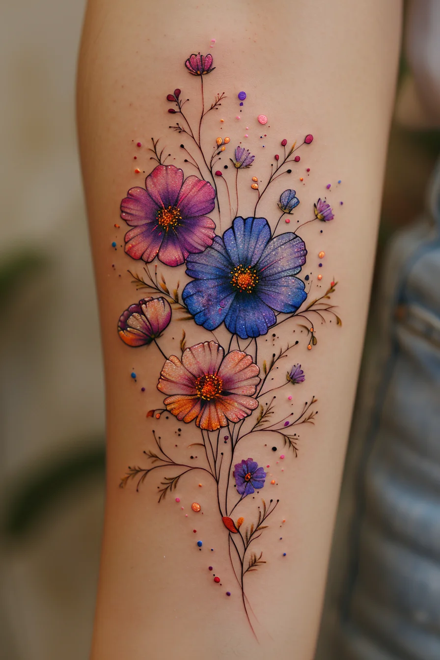 A bouquet of purple, blue, and pink flowers arranged in a graceful design exudes femininity and elegance. Each flower is meticulously detailed, with soft gradients and intricate lines. The combination of colors creates a harmonious and eye-catching look, while tiny buds and leaves add depth and texture.