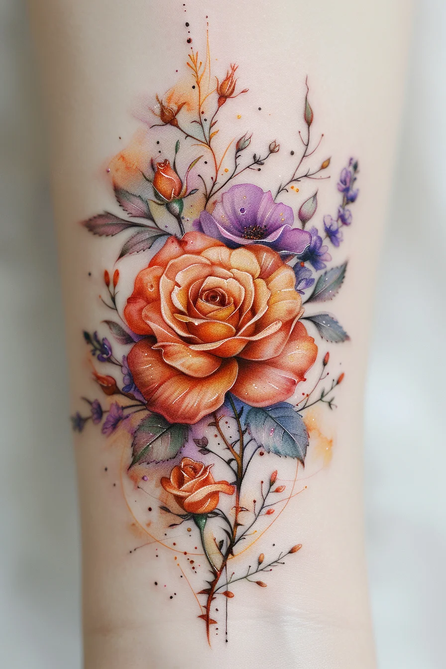 A gorgeous bouquet of roses in shades of orange and peach, accompanied by purple flowers, creates a vibrant and harmonious design. The roses are intricately detailed, with soft shading and realistic petals. Tiny buds, leaves, and lavender sprigs add to the richness and depth of this beautiful floral arrangement.