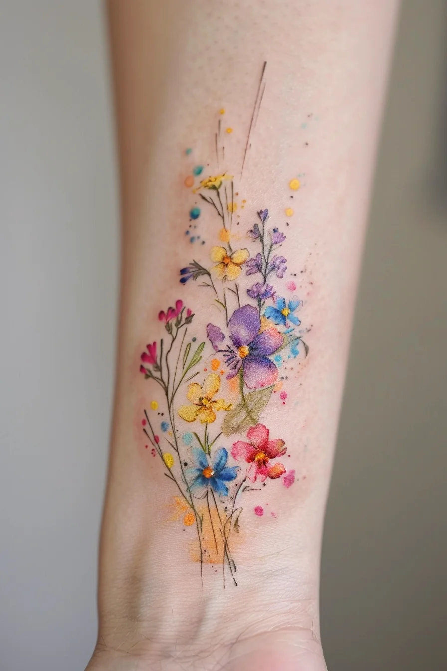 Soft and vibrant hues come together in this tattoo, featuring a delicate arrangement of wildflowers in pink, yellow, blue, and purple. The subtle watercolor effect enhances the design, creating a dreamy and whimsical appearance. Each flower is intricately detailed, giving the tattoo a light and airy feel.