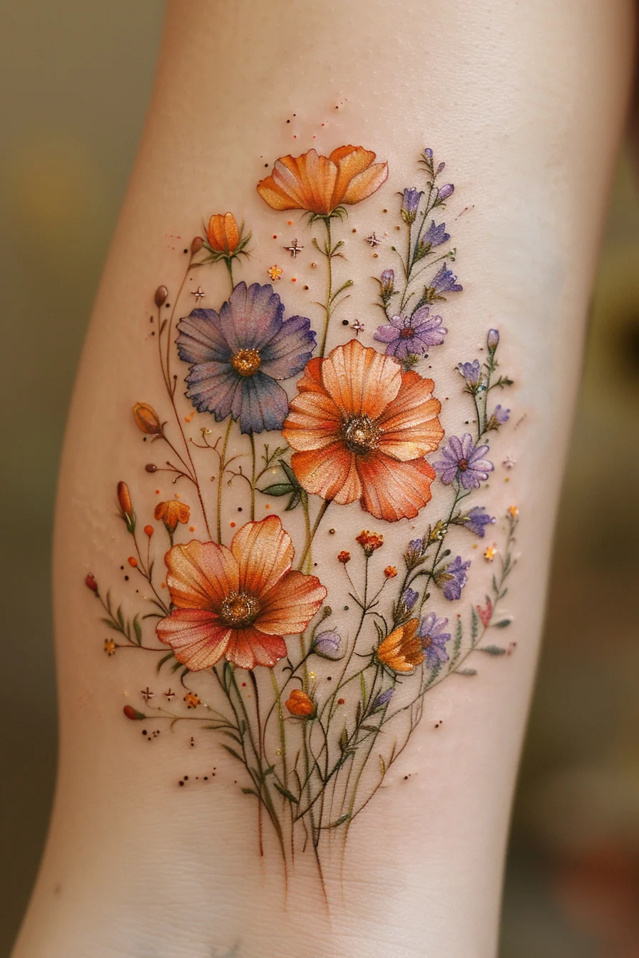 The first tattoo showcases a stunning array of orange and purple flowers intricately designed with delicate green stems and leaves. The vibrant colors and intricate details create a lifelike appearance, making the flowers seem almost real. The combination of the soft and bright hues adds a touch of elegance and femininity.