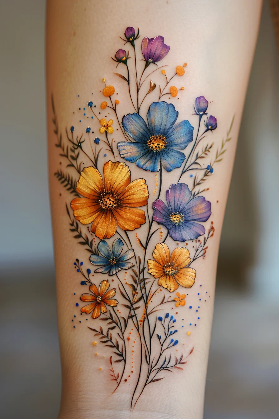 The third tattoo features a harmonious blend of orange and blue flowers with a hint of purple. The flowers are beautifully arranged with delicate stems and leaves, creating a cohesive and balanced look. The soft shading and intricate details make the flowers pop, giving the tattoo a realistic and feminine touch.