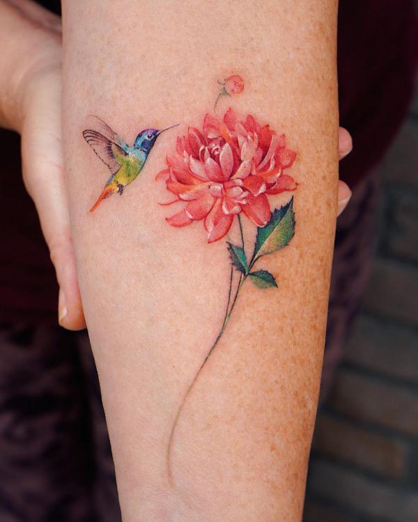 Dahlia and hummingbird tattoo