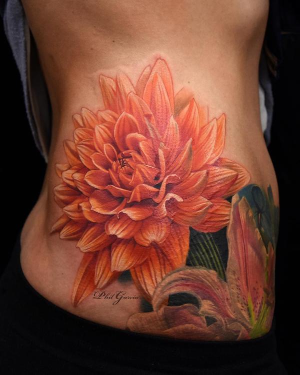 Dahlia side tattoo