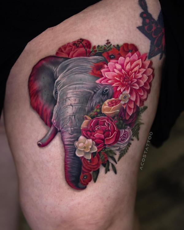 Realistic elephant head with dahlia and rose tattoo