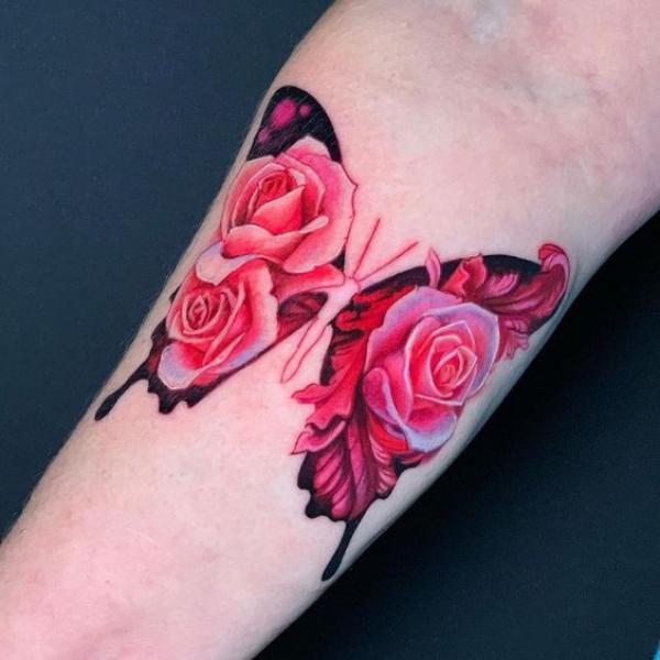 Red rose butterfly tattoo