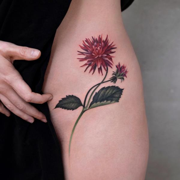 Small dahlia side tattoo