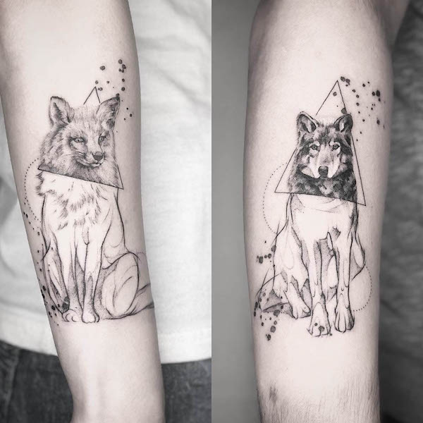 Wolf and fox tattoos by @zon_tattoo