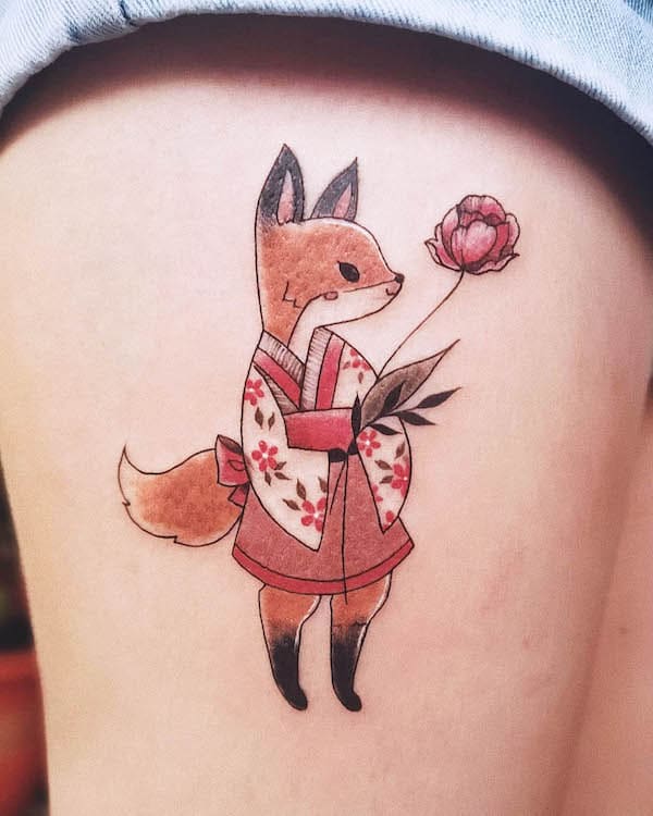 Cute Japanese fox tattoo by @peipokes