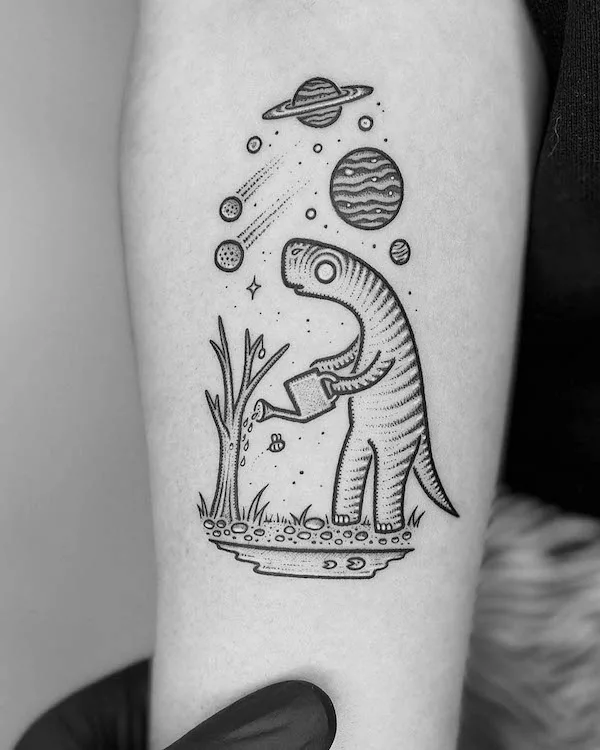 Cute dinosaur tattoo by @mike_stout_tattoo