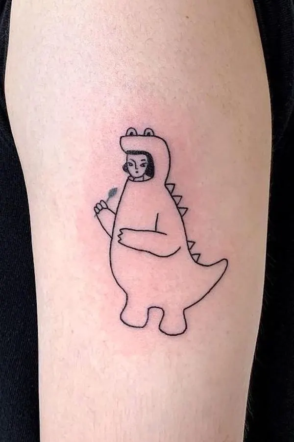 The dinosaur girl sleeve tattoo by @eslstudent